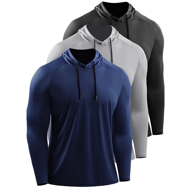 Camiseta de manga larga para correr para hombre, ropa deportiva, camiseta con capucha, jersey elástico, tops para gimnasio y fitness, camiseta de entrenamiento deportivo, chándal para hombre POLIESTER