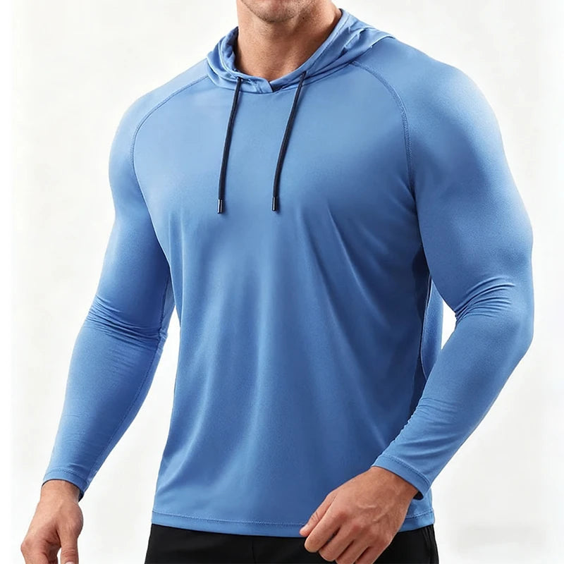 Camiseta de manga larga para correr para hombre, ropa deportiva, camiseta con capucha, jersey elástico, tops para gimnasio y fitness, camiseta de entrenamiento deportivo, chándal para hombre POLIESTER