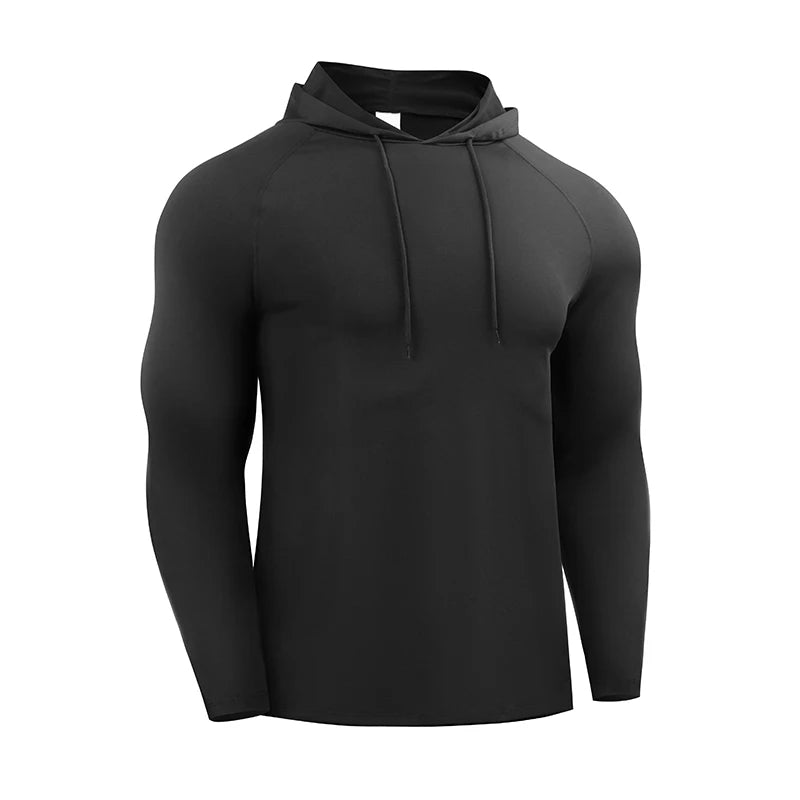 Camiseta de manga larga para correr para hombre, ropa deportiva, camiseta con capucha, jersey elástico, tops para gimnasio y fitness, camiseta de entrenamiento deportivo, chándal para hombre POLIESTER