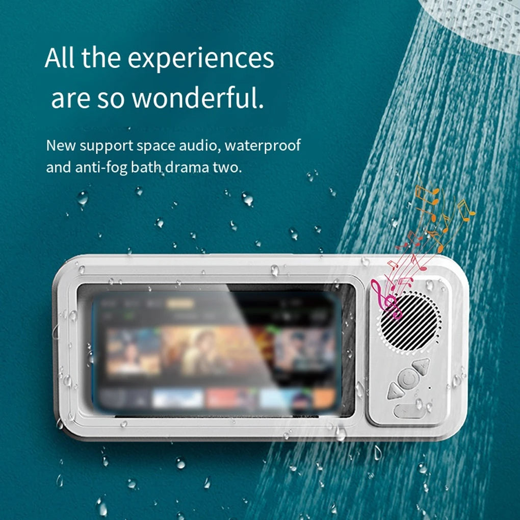 Soporte para teléfono de ducha con altavoz Bluetooth, resistente al agua IPX4, antivaho, con pantalla táctil, para montaje en pared, ideal para ducha y baño.