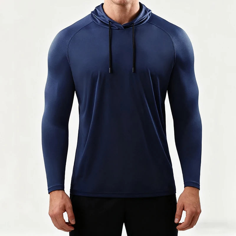 Camiseta de manga larga para correr para hombre, ropa deportiva, camiseta con capucha, jersey elástico, tops para gimnasio y fitness, camiseta de entrenamiento deportivo, chándal para hombre POLIESTER