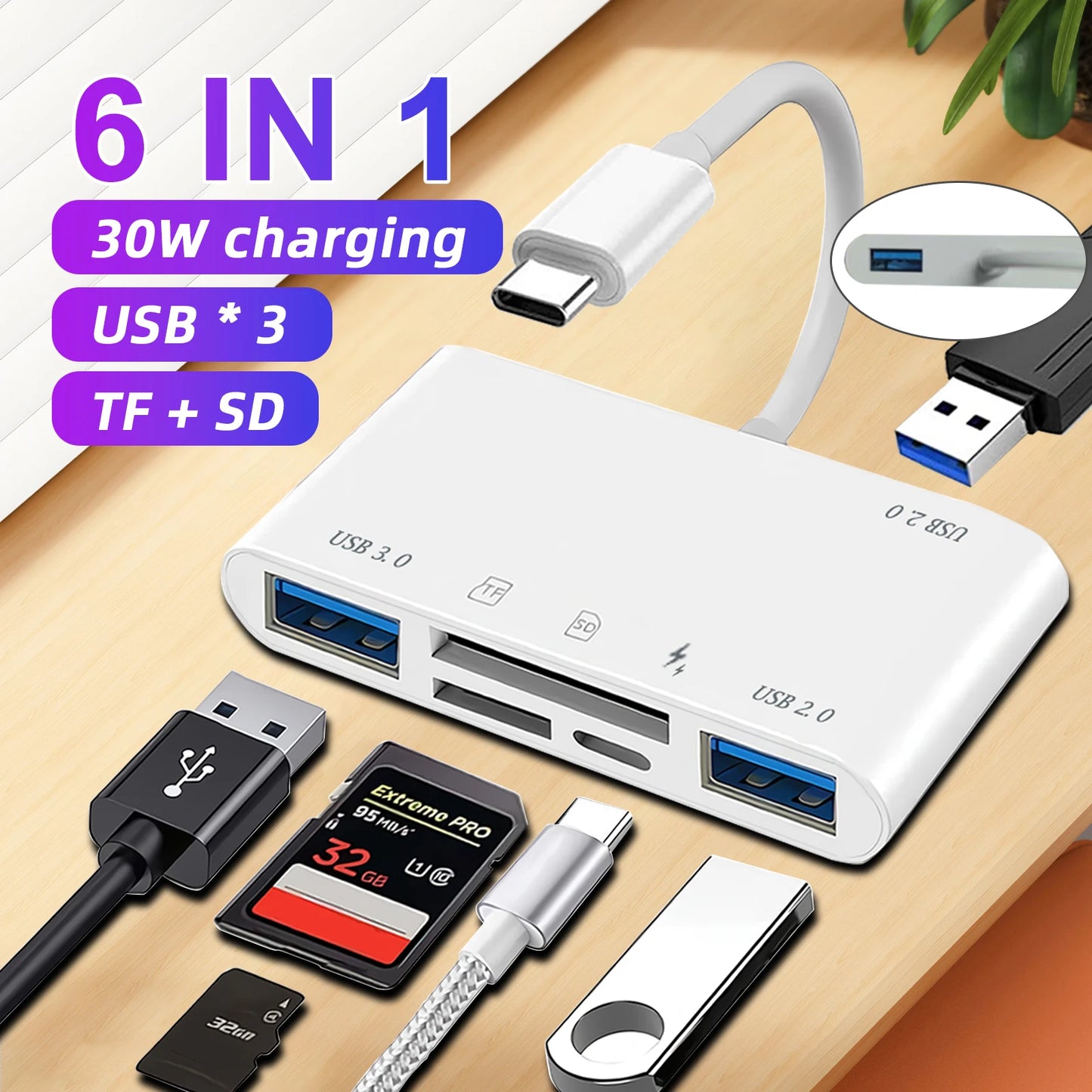 USB C To SD TF Card Reader 6 In 1 USB-C Memory Card Reader Adapter With 30W Charging Port USB 3.0 Female OTG Adapter